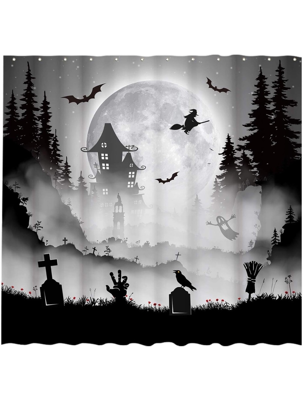 Halloween Haunted Night Shower Curtain - Black & Gray 72” by 72”